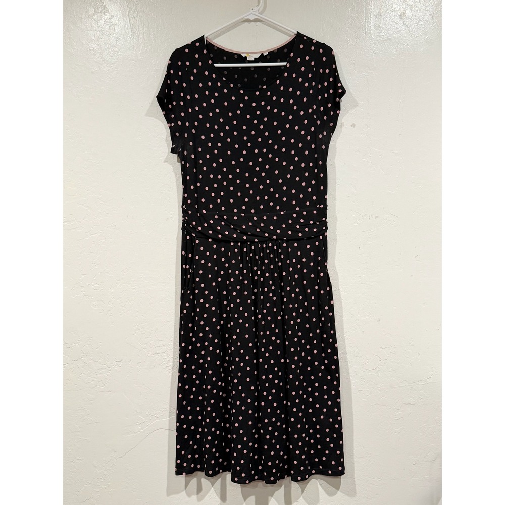 Boden Black Pink Polka Dot Jersey Dress US 10R Cap Sleeve Cinched Waist Pockets - Picture 2 of 6